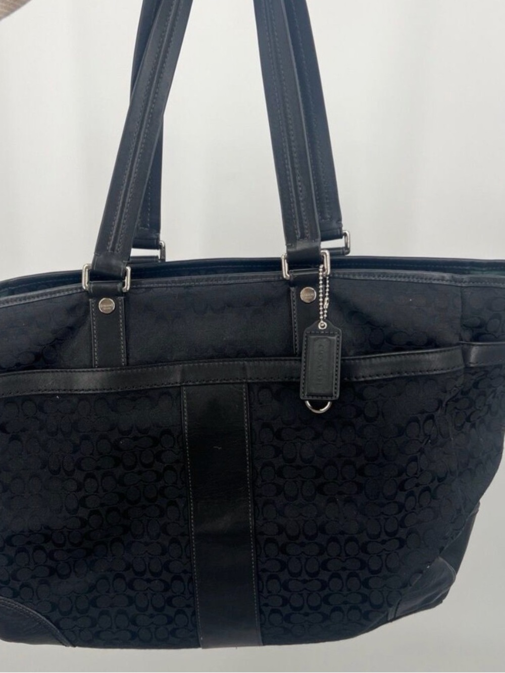 Vintage Coach Black Signature Canvas & Leather Diaper Bag with Green Lining